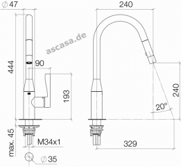 Dornbracht Sync Pull-Down Einhebelmischer mit Brausefunktion, Hochdruck, Chrom, 33870895-00