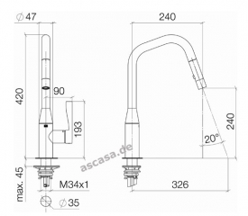 Dornbracht Sync Pull-Down Einhebelmischer mit Brausefunktion, Hochdruck, Platin gebrstet, 33875895-06