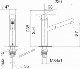 Dornbracht Eno Pull-Out Einhebelmischer, mit herausziehbarem Auslauf, Hochdruck, Platin gebrstet, 33845760-06