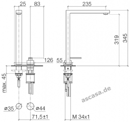 Dornbracht Lot Einhebelmischer, Zweilochbatterie mit Abdeckplatte, Hochdruck, Chrom, 32843680-00