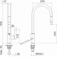 Dornbracht Tara Ultra Pull-Down Einhebelmischer mit Brausefunktion, Hochdruck, Dark Chrome, 33870875-19