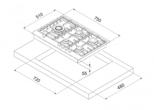 Steel Genesi Hob, Einbau-Gaskochfeld, 75 cm, Stainless Steel, GP7B-5, mit 5 Jahren Garantie!