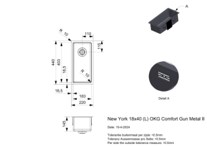 Reginox New York 18x40 (L) OKG Comfort, Edelstahlsple, Farbe gun metal II, R39366