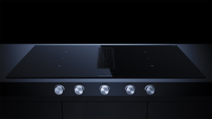 Kppersbusch KMI 9850.1 SR-E S2, 90 cm Muldenlftung inkl. Motor, rahmenlos, Edelstahlknebel, Gitter Black Chrome, mit 5 Jahren Garantie!