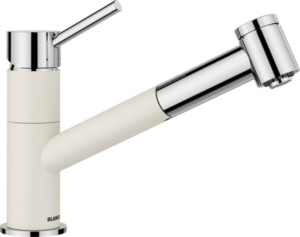 Blanco Kano-S Vario Armatur Silgranit-Look zweifarbig, Hochdruck Zugauslauf Schlauchbrause, softweiss/chrom, 527966